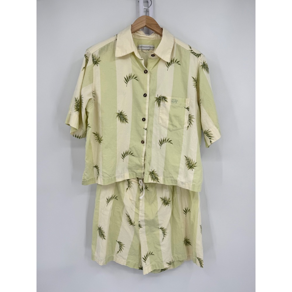 Crabtree & Evelyn Pajama Set Womens Est Sz Large Green Cream Striped Tropical